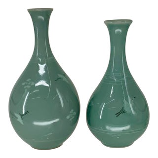 Near Pair of Vintage Korean Celadon Vases For Sale