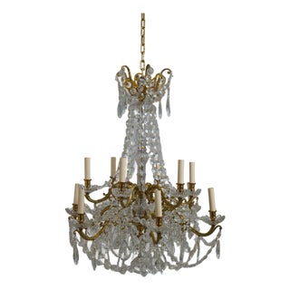1980s French Style Crystal & Brass 12 Arm Chandelier For Sale