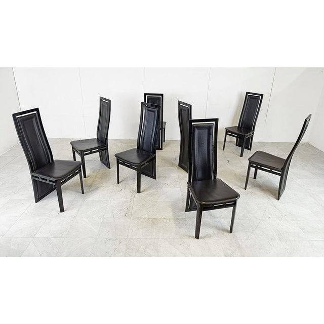 Italian Modern Lacquered Wood and Leather Dining Chairs, 1980, Set of 8 For Sale - Image 6 of 12