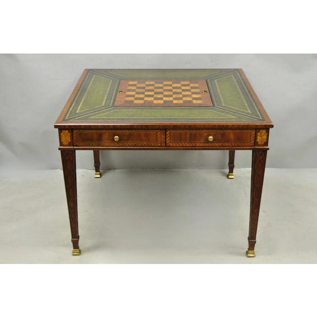 Early 21st Century Maitland Smith Marquetry Inlay Leather Mahogany Game Table & 4 Shield Back Chair For Sale - Image 5 of 18