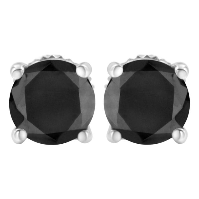 14K White Gold 3.00 Cttw Round Brilliant-Cut Black Diamond Classic 4-Prong Stud Earrings with Screw Backs (Fancy Color-Enhanced, I2-I3 Clarity) For Sale