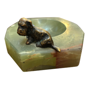 1940s Bronze Cocker Spaniel Dog Alabaster Octagonal Catch All Ring Dish