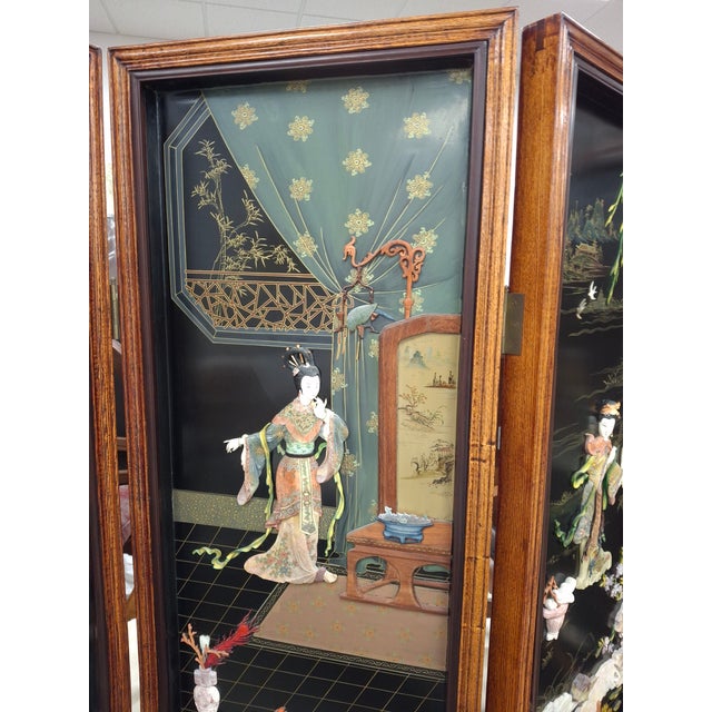Mid 20th Century Japanese Polychrome Oak Lacquer Painted & Carved Stone Figures 4-Panel Screen For Sale In Washington DC - Image 6 of 16
