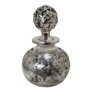 Large Size Antique American Victorian Heavy Cut Crystal With Sterling Silver Overlay Perfume Bottle