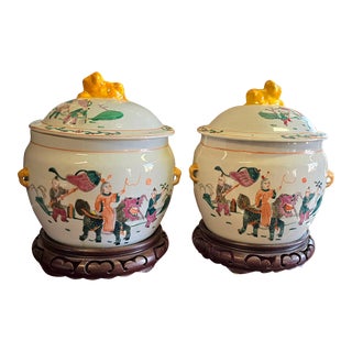 Vintage Chinese Porcelain Hand Painted Rice Pot / Ginger Jar a Pair For Sale