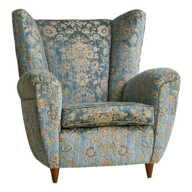 Italian Wingback Lounge Chair in Original Blue Upholstery, 1950s For Sale