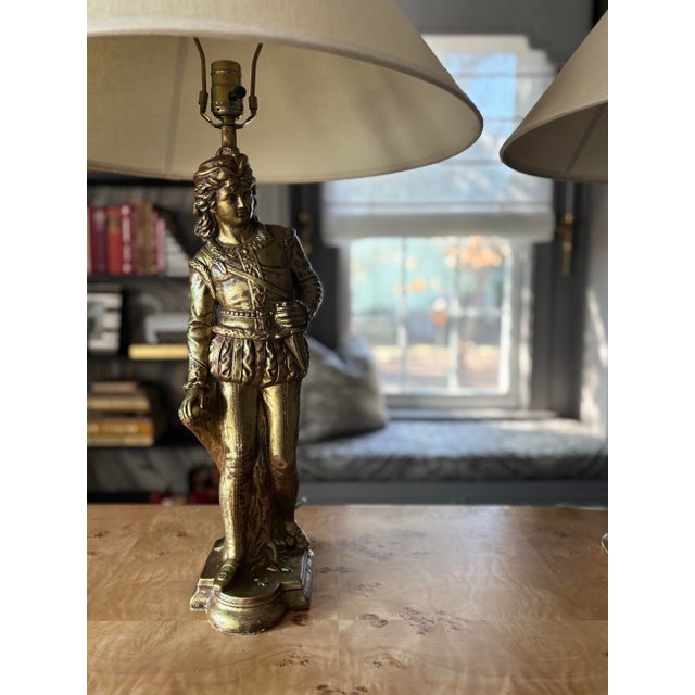 Late 20th Century Figural Gilt Ceramic Lamps With New Shades, a Pair For Sale - Image 4 of 12