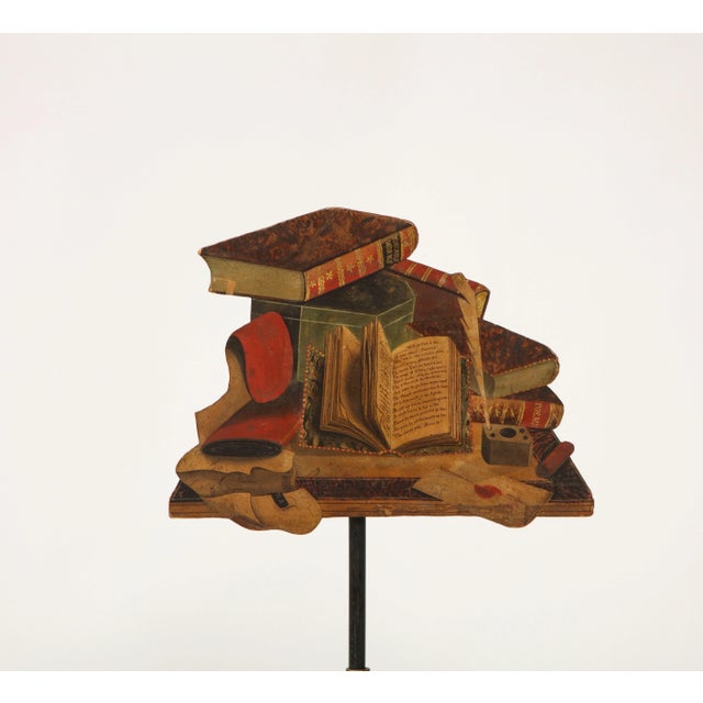 Metal An English Polychrome-Painted Paper Mâché 'Poet's Desk' Pole Screen For Sale - Image 7 of 9