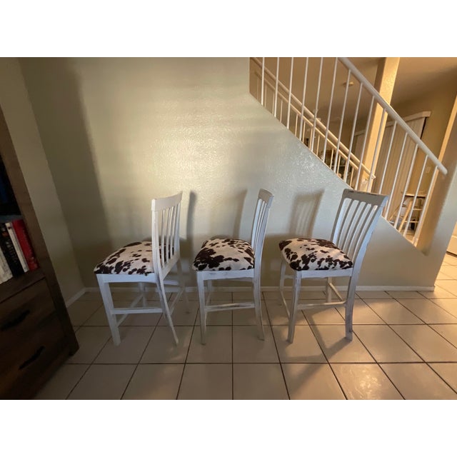 Farmhouse Rustic Farmhouse Whitewash Bar Stools W/ Cowhide Upholstered Seats Set of 3 For Sale - Image 3 of 12