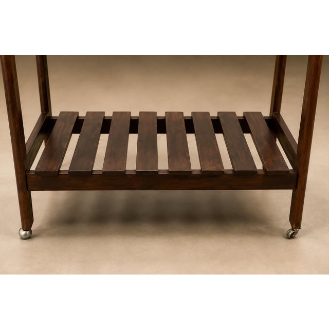 1960s Brazilian Modern Bar Cart in Imbuia Wood With Two Tiers and Slatted Shelf, Brazil, 1960s For Sale - Image 5 of 18