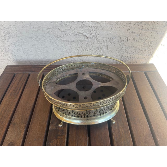 Art Nouveau Antique English Victorian Reticulated Oval Brass Plate Food Warmer For Sale - Image 3 of 6