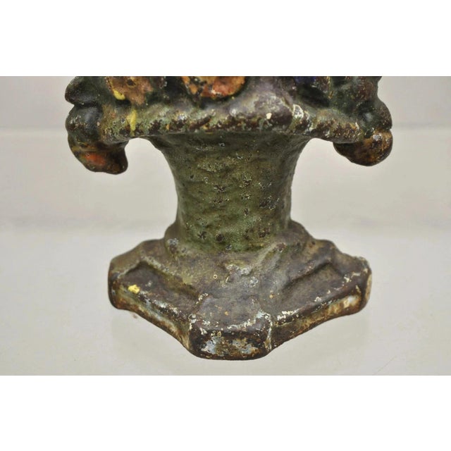 Antique Victorian Cast Iron Small Painted Orange Floral Bouquet Basket Door Stop For Sale - Image 4 of 8