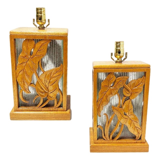 1960s Post War Carved Mango Wood Tropical Mid Century Table Lamp For Sale