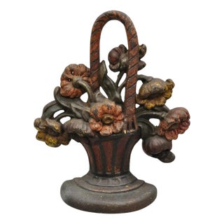 Antique Victorian Red Cast Iron Figural Painted Floral Bouquet Basket Door Stop For Sale