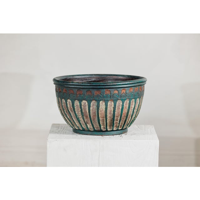 Vintage Emerald-Green Painted Terracotta Planter with Carved Motifs For Sale - Image 18 of 18