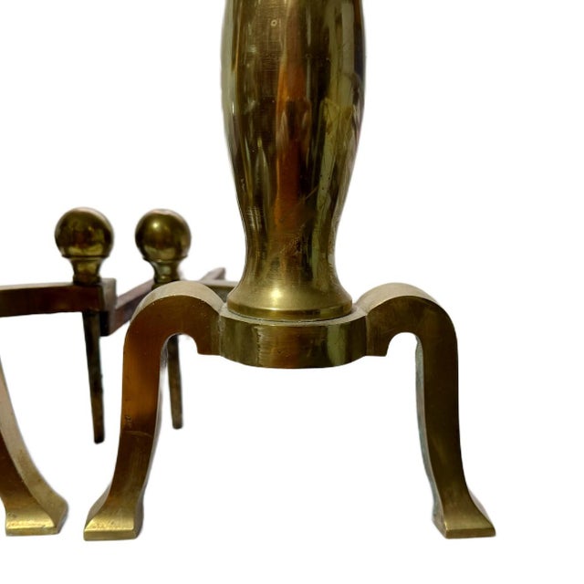 Antique Federal Cannonball Solid Brass Fireplace Andirons & Damper Hook For Sale - Image 4 of 6