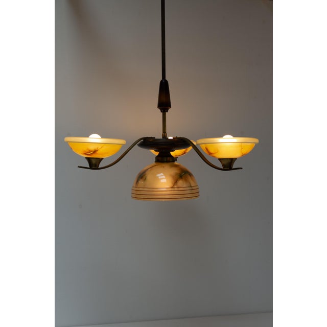 1930s Art Deco Danish Brass Chandelier with Marbled Opaline Shades, 1930s. For Sale - Image 5 of 18