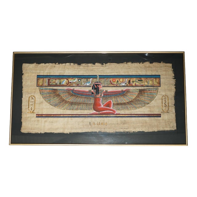 Large Egyptian Hand-Painted Papyrus of Winged Goddess Isis For Sale