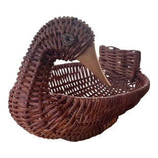 Mid 20th Century Vintage Handmade Petite Wicker Duck Basket For Sale