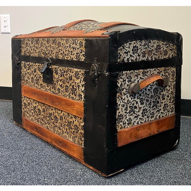 Wood Small Victorian Dome Top Embossed Tin Steamer Trunk. For Sale - Image 7 of 10