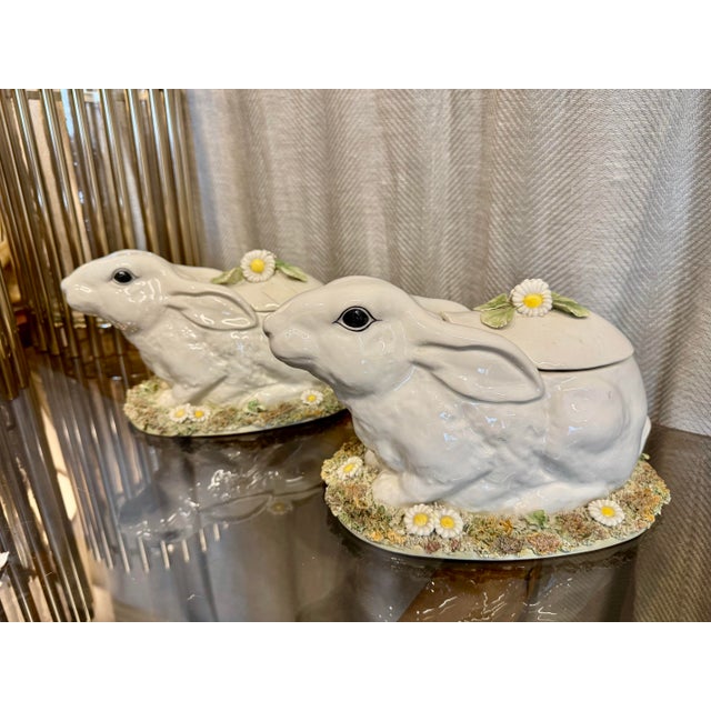 Exquisite pair of vintage Italian Majolica bunnies vases/centerpieces with attached metal flower frogs for flower display.