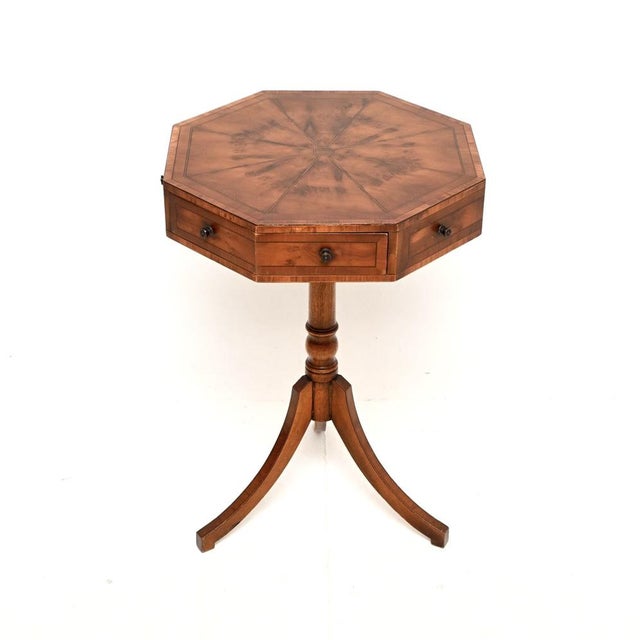 Hollywood Regency Vintage Regency Style Inlaid Yew Wood Octagonal Drum Table, 1930 For Sale - Image 3 of 8