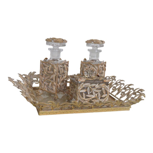 Imperial Glass 4pc Ormolu Vanity Set With 2 Perfume Bottles 1 Tray 1 Box 4723b For Sale