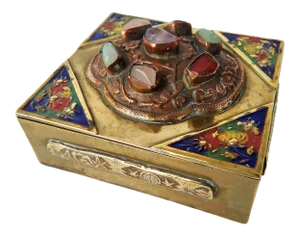 Antique Chinese Brass Box With Semi-Precious Stones