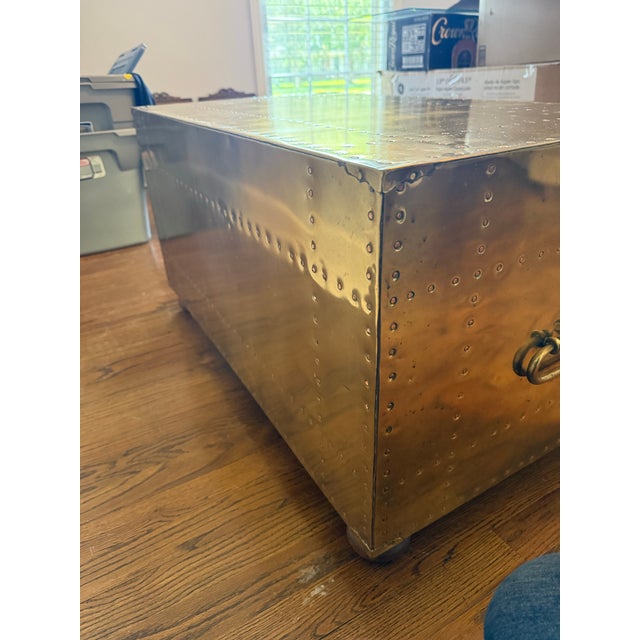 Vintage Sarreid Ltd. Handcrafted in Spain Brass-Clad Campaign Coffee Table With Two Drawers and Glass Top For Sale - Image 6 of 12