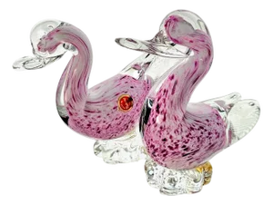 Vintage Murano Pink Aventurine Art Glass Duck Pair With Rosette Bases, Italy, 1960s