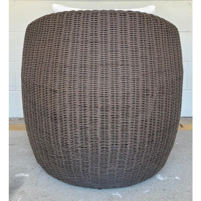 Original retail $5388, stylish Organic Modern Mocha Tropic Outdoor Lounge Chairs Pair, Woven resin, white linen like...
