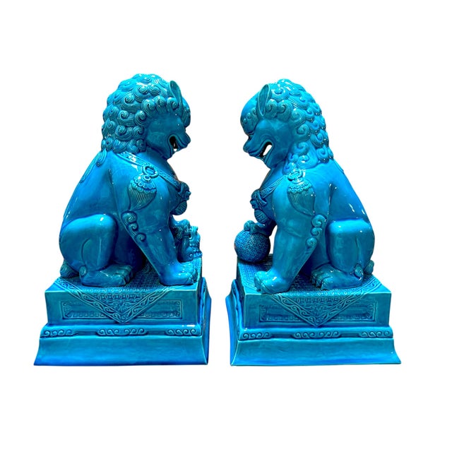 Stunning pair of turquoise glazed porcelain foo dog statues from the 1960’’s Both statues are in mint condition with no...