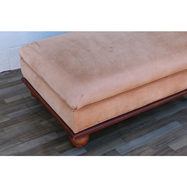 Oversized Vintage Ralph Lauren Tan Leather & Wood Ottoman With Bun Feet For Sale - Image 13 of 18