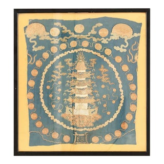 1800s Blue Scenic Architectural Antique Chinese Silk Embroidery 1'9"x 1'10" Flatweave Carpet Rug For Sale