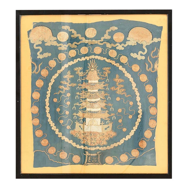 1800s Blue Scenic Architectural Antique Chinese Silk Embroidery 1'9"x 1'10" Flatweave Carpet Rug For Sale