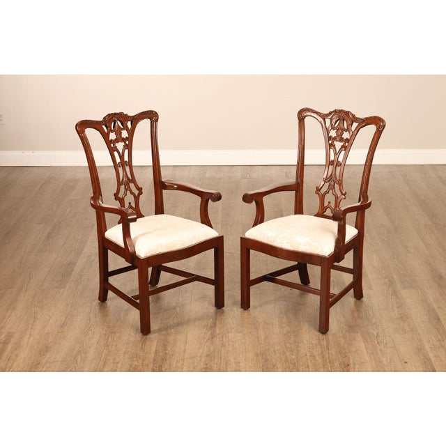 High Quality Pair Of Chippendale Style Dining Arm Chairs By Scarborough House. Constructed Of Mahogany With Pierced And...