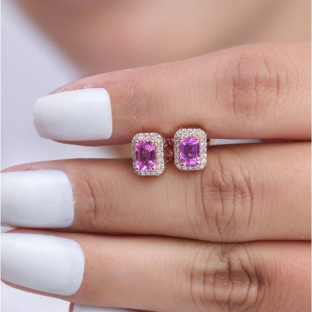 1.05 cts Natural pink sapphire & 0.20 cts diamond earrings in 14k gold For Sale - Image 14 of 18