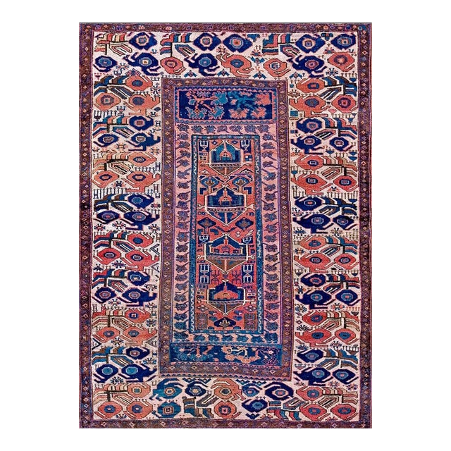 1870s Blue Geometric Tribal Antique Persian Kurdish Sanjabi Rug 5' X 6'6" Hand Made Wool Carpet For Sale