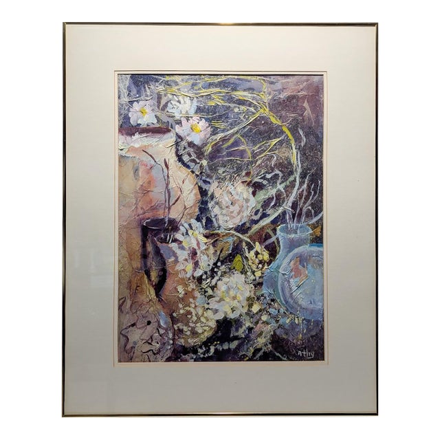 Late 20th Century Original Athy Mixed Media Decoupage Still Life Floral Painting For Sale