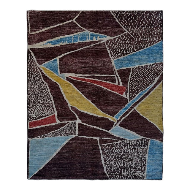 Modern Abstract Handmade Wool Rug in Burgundy and Blue For Sale