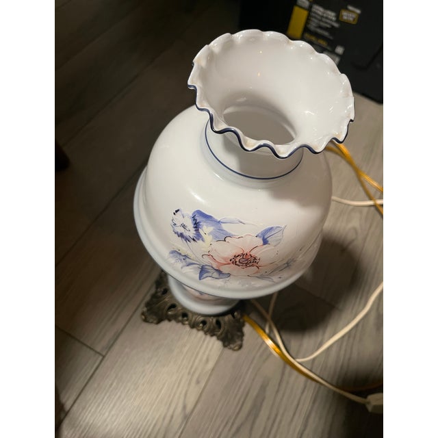 Antique Milk Glass Hurricane Double-Stacked Table Lamp W/ Blue & Pink Hand Painted Florals For Sale - Image 10 of 11