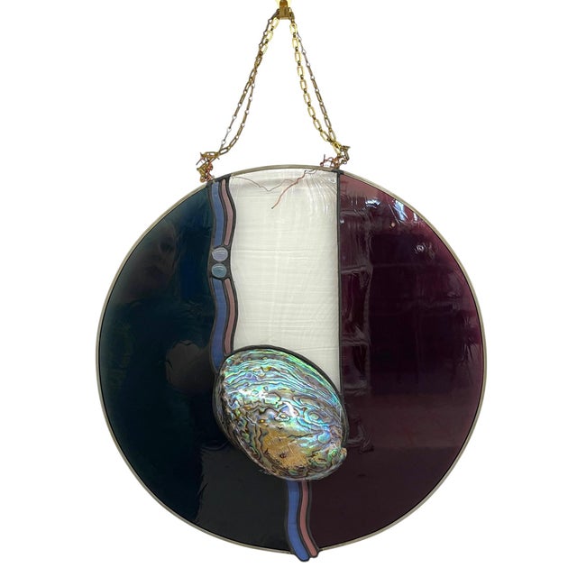 Vintage Signed Stained Glass Round Panel With Abalone Shell, Hanging Wall Art Suncatcher For Sale In Seattle - Image 6 of 12