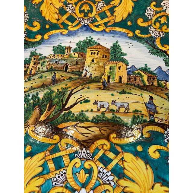 Beautiful classic Italian glazed pottery large oval platter with yellow blue and green landscape having marvelous details....