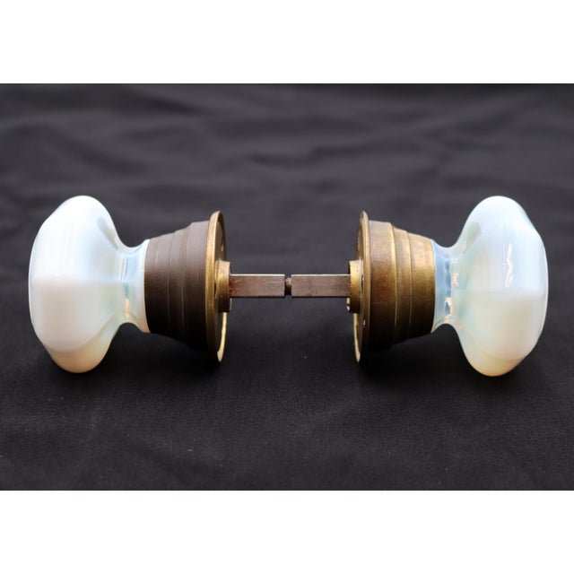 Traditional Antique Wide Shank Iridescent Milk Glass Door Knob Set For Sale - Image 3 of 6