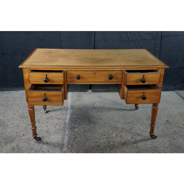 Antique 19th C. English Regency Maple & Oak Tooled Leather Top Partner's Desk For Sale - Image 16 of 18