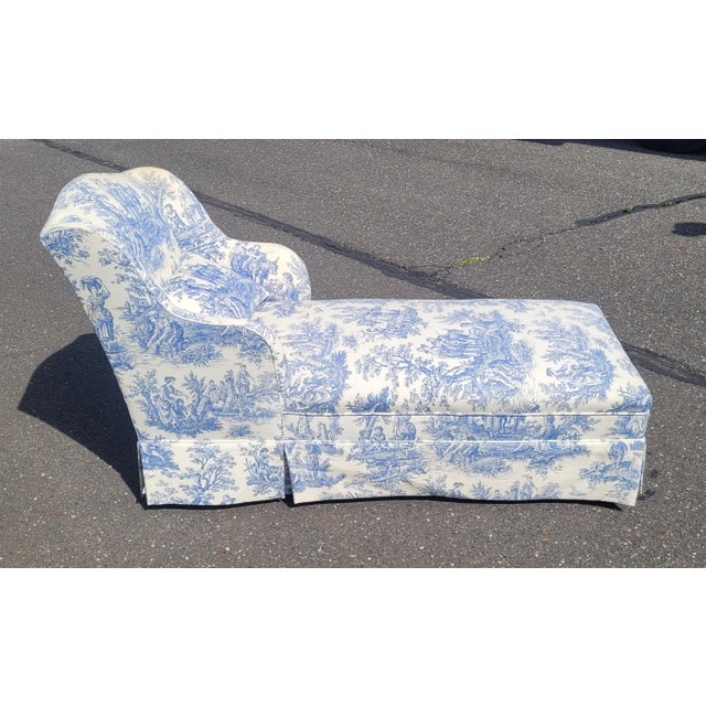 Super fine French chaise lounge chair with a blue and white design cotton fabric reminiscent of Wedgewood. Features a...