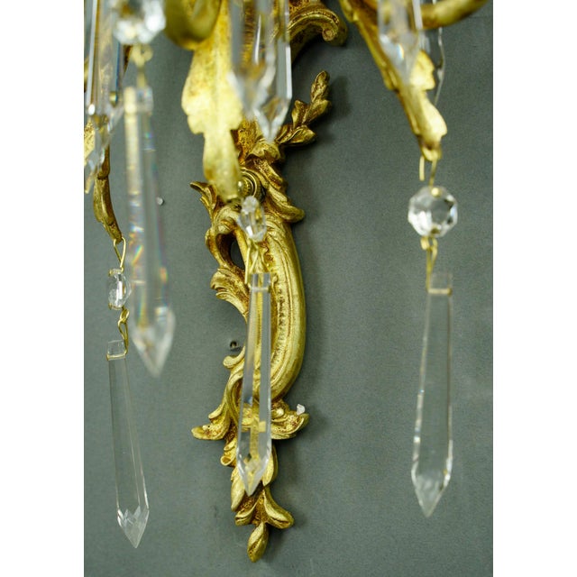 Mid 20th Century Restored French Gold Gilded Bronze & Crystal 3 Arm Wall Sconces - a Pair For Sale - Image 10 of 13
