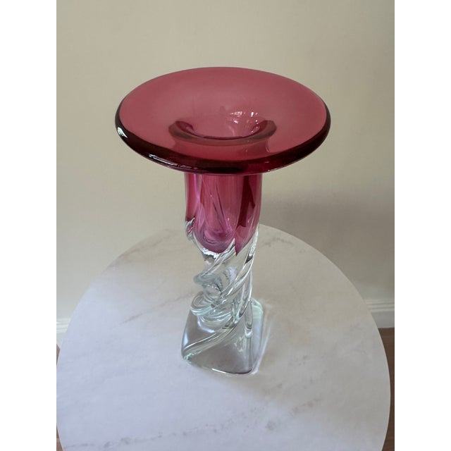 Mid-Century Modern 1970s Fine Art Glass Cranberry Twisted Crystal Vase/Candleholder For Sale - Image 3 of 6