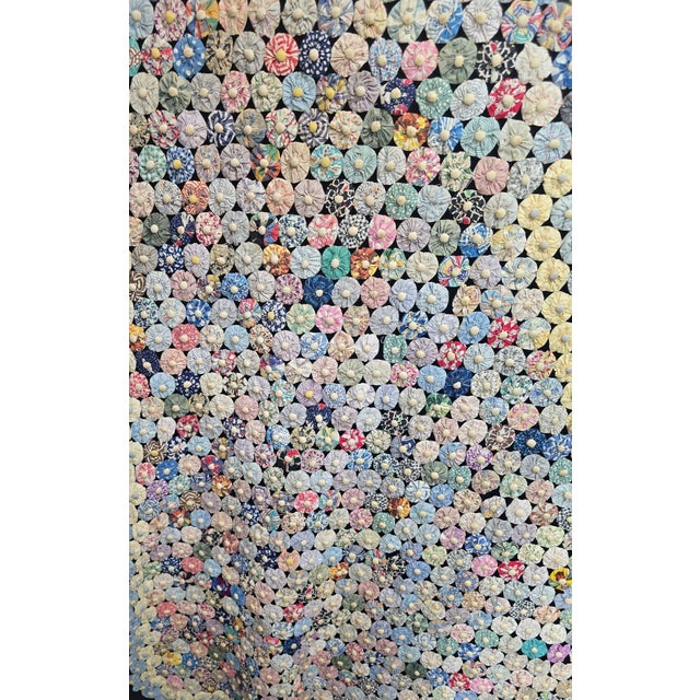 Textile Antique American Folk Art Dimensional Padded Button Center Yo-Yo Quilt With Geometric Diamond Pattern For Sale - Image 7 of 12