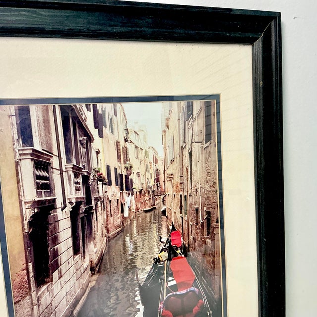 1980s Vintage Italian Boho Chic Cityscape Canal With Red Gondola at Dock Framed Photography For Sale - Image 15 of 18